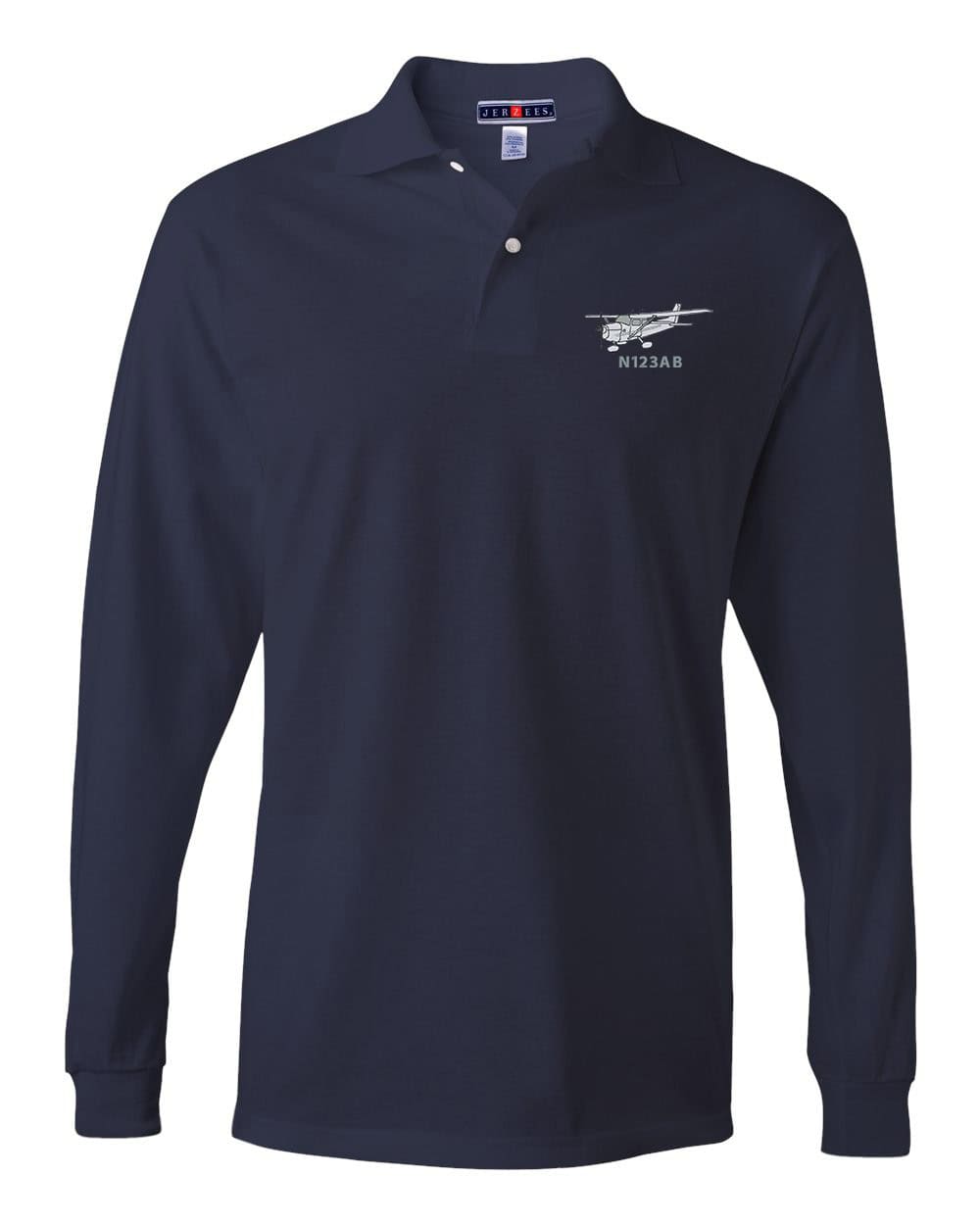 Aircraft 172 With Custom Tail Number Long Sleeve Polo, Custom N numer Polo, Custom Tail Number Airplane Shirt, Gift For Pilot 1 a long sleeved navy blue polo shirt with a helicopter logo on it