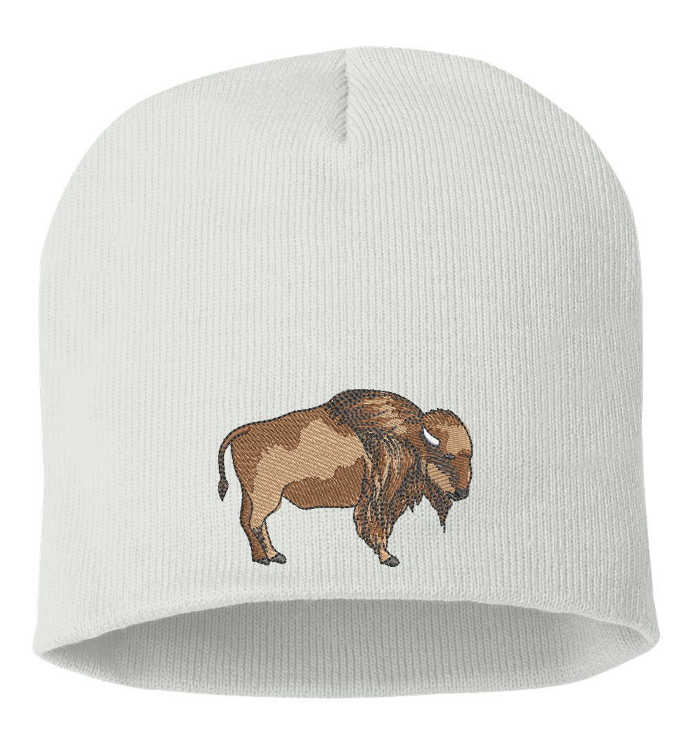 Embroidered Buffalo Beanie – Classic Knit Winter Hat for Outdoor Enthusiasts 2 63B Bison Tatanka Buffalo Beanie White