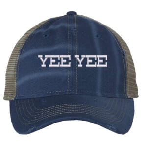 Image shows a distressed trucker hat with "Yee Yee" embroidered on the front. The hat features a mesh back and snapback closure.