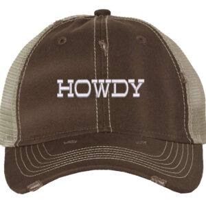 Image shows a distressed trucker hat with the word "Howdy" embroidered on the front. The hat features a mesh back and snapback closure.