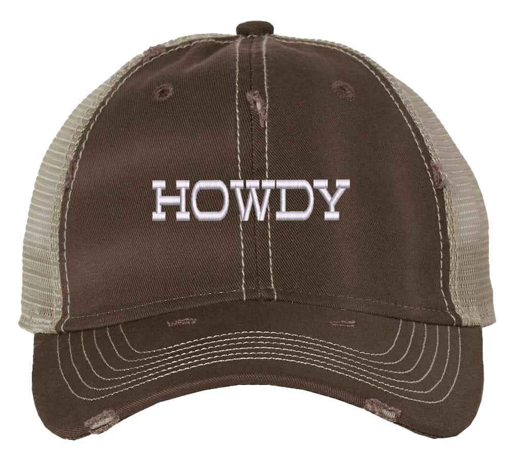 Howdy Distressed Trucker Hat, Urban Country Fashion Hat, Country Mash Trucker Snapback Hat 5 Image shows a distressed trucker hat with the word "Howdy" embroidered on the front. The hat features a mesh back and snapback closure.