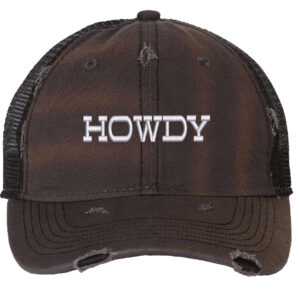 Image shows a distressed trucker hat with the word "Howdy" embroidered on the front. The hat features a mesh back and snapback closure.