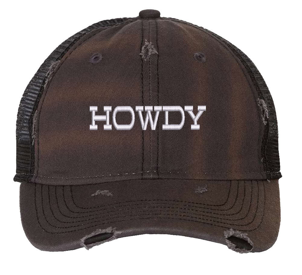 Howdy Distressed Trucker Hat, Urban Country Fashion Hat, Country Mash Trucker Snapback Hat 4 Image shows a distressed trucker hat with the word "Howdy" embroidered on the front. The hat features a mesh back and snapback closure.