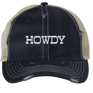 Image shows a distressed trucker hat with the word "Howdy" embroidered on the front. The hat features a mesh back and snapback closure.
