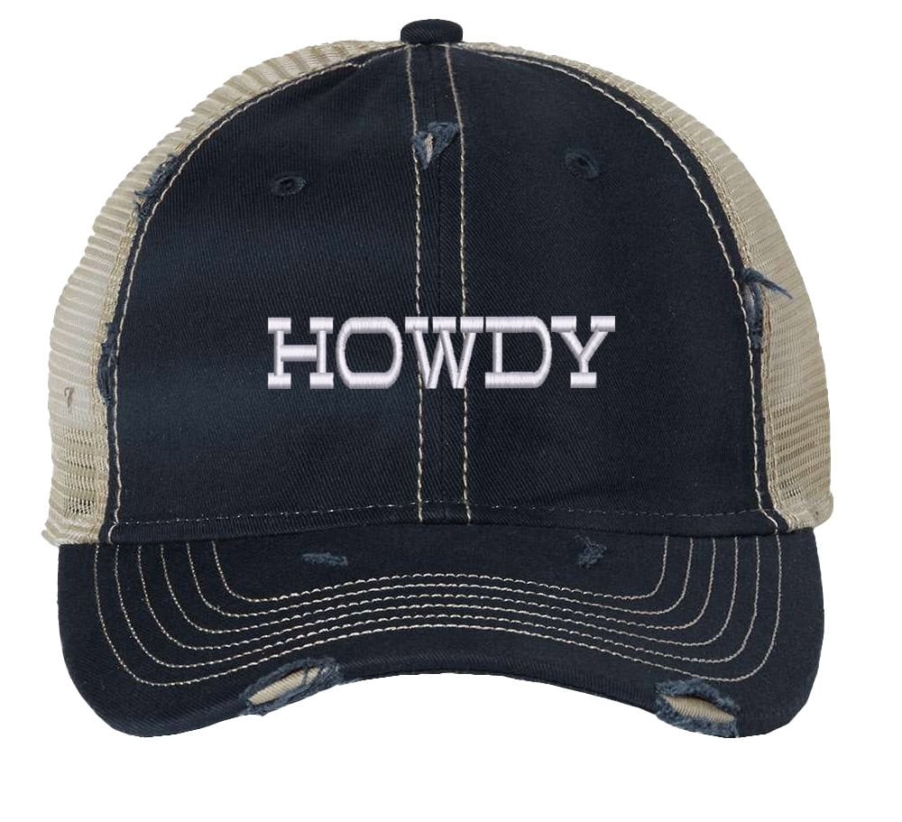 Howdy Distressed Trucker Hat, Urban Country Fashion Hat, Country Mash Trucker Snapback Hat 3 Image shows a distressed trucker hat with the word "Howdy" embroidered on the front. The hat features a mesh back and snapback closure.