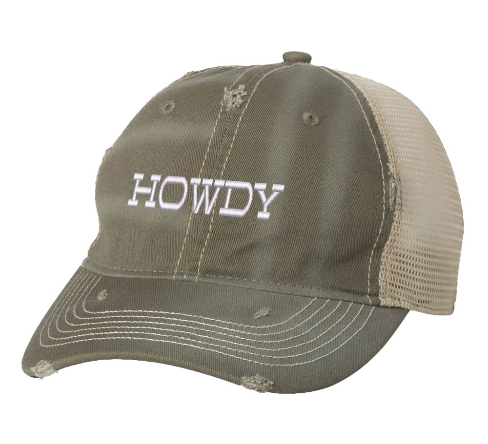Howdy Distressed Trucker Hat, Urban Country Fashion Hat, Country Mash Trucker Snapback Hat 1 Image shows a distressed trucker hat with the word "Howdy" embroidered on the front. The hat features a mesh back and snapback closure.