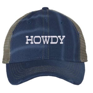 Image shows a distressed trucker hat with the word "Howdy" embroidered on the front. The hat features a mesh back and snapback closure.