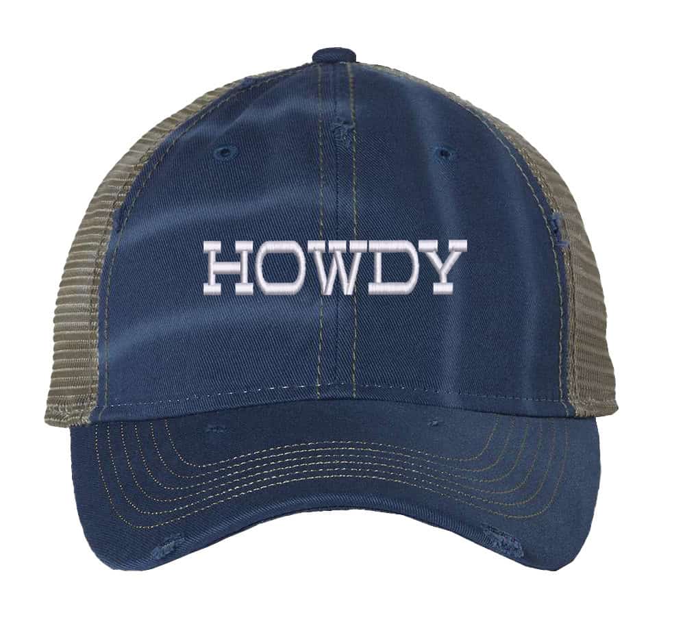 Howdy Distressed Trucker Hat, Urban Country Fashion Hat, Country Mash Trucker Snapback Hat 2 Image shows a distressed trucker hat with the word "Howdy" embroidered on the front. The hat features a mesh back and snapback closure.