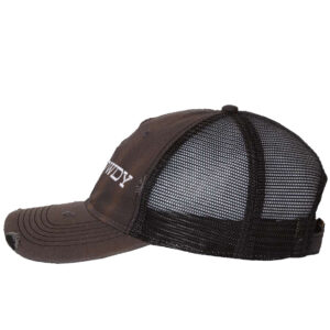Image shows a distressed trucker hat with the word "Howdy" embroidered on the front. The hat features a mesh back and snapback closure.