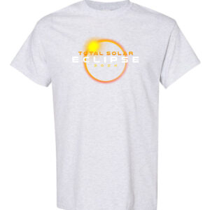 Image shows a black t-shirt with a graphic print of a total solar eclipse. Text reads "Total Solar Eclipse 2024 T-shirt."
