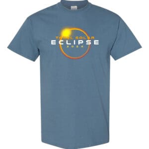 Image shows a black t-shirt with a graphic print of a total solar eclipse. Text reads "Total Solar Eclipse 2024 T-shirt."