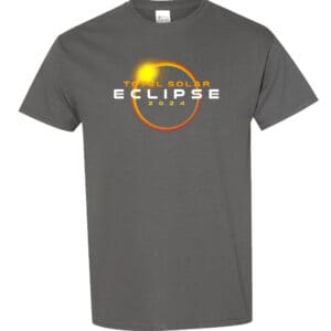 Image shows a black t-shirt with a graphic print of a total solar eclipse. Text reads "Total Solar Eclipse 2024 T-shirt."