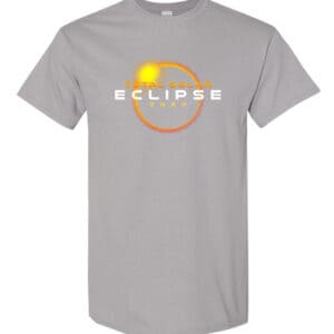 Image shows a black t-shirt with a graphic print of a total solar eclipse. Text reads "Total Solar Eclipse 2024 T-shirt."