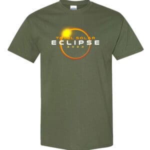 Image shows a black t-shirt with a graphic print of a total solar eclipse. Text reads "Total Solar Eclipse 2024 T-shirt."