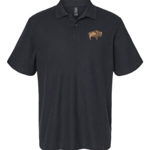 Buffalo Polo Shirt featuring embroidered bison design, ideal for hikers, campers, and outdoor enthusiasts.