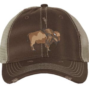 Buffalo Distressed Trucker Hat featuring embroidered bison design, perfect for hikers, campers, and outdoor enthusiasts.