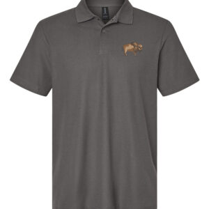 Buffalo Polo Shirt featuring embroidered bison design, ideal for hikers, campers, and outdoor enthusiasts.