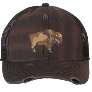 Buffalo Distressed Trucker Hat featuring embroidered bison design, perfect for hikers, campers, and outdoor enthusiasts.