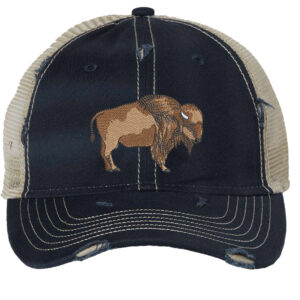Buffalo Distressed Trucker Hat featuring embroidered bison design, perfect for hikers, campers, and outdoor enthusiasts.