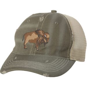 Buffalo Distressed Trucker Hat featuring embroidered bison design, perfect for hikers, campers, and outdoor enthusiasts.