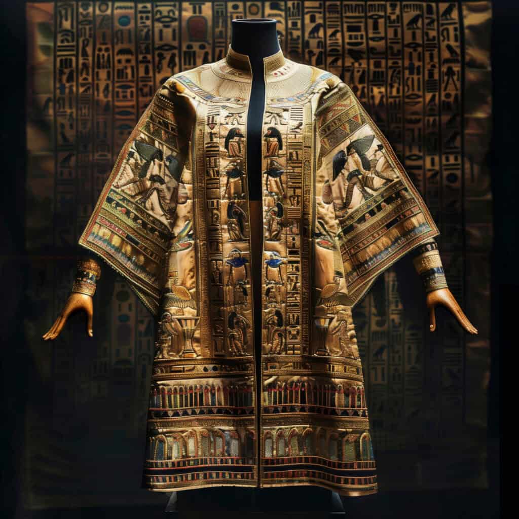 Thread Through Time: The Fascinating Journey of Embroidery 4 Ancient Egyptian embroidered robe with intricate gold thread work and hieroglyphic patterns