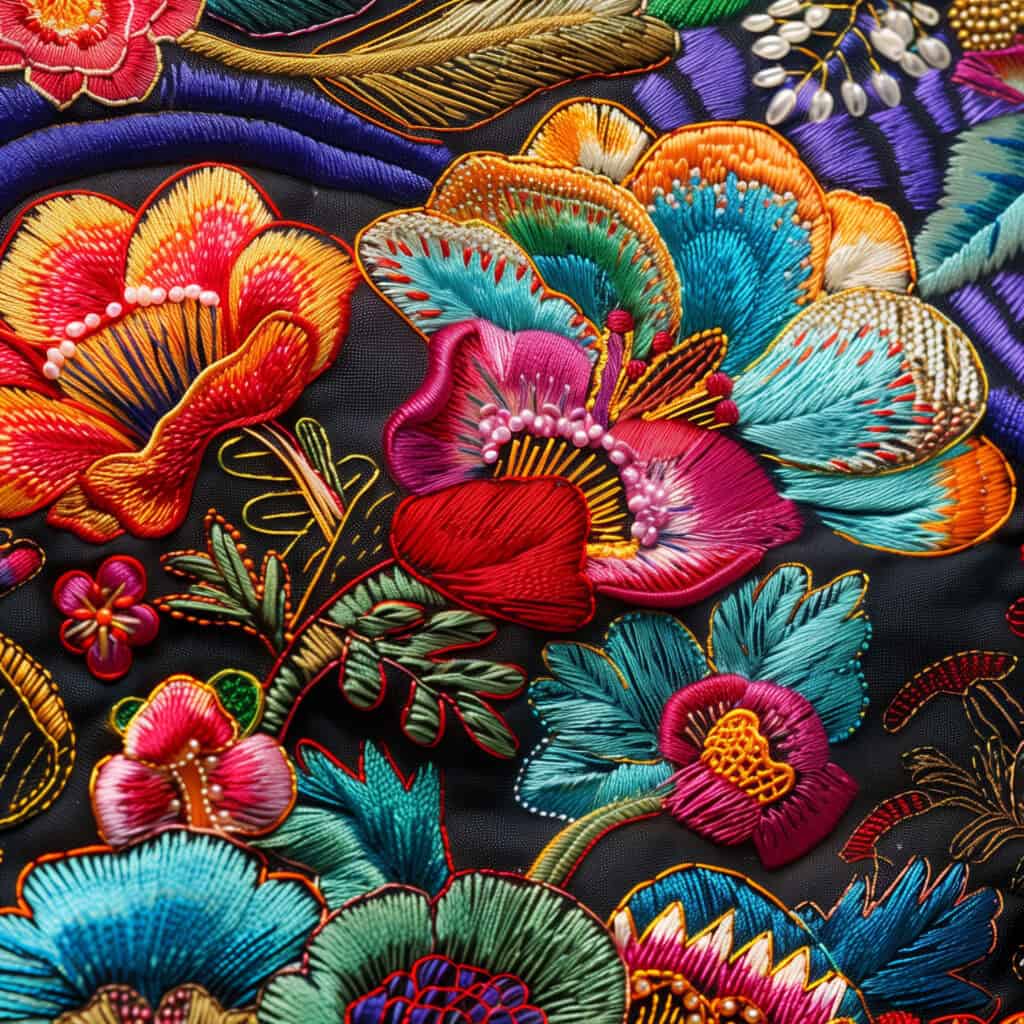 Thread Through Time: The Fascinating Journey of Embroidery 5 Close-up detail of Chinese silk embroidery featuring vibrant colors and intricate nature motifs