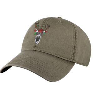 Christmas Reindeer Hat featuring funny embroidered reindeer with sunglasses and Christmas ornaments