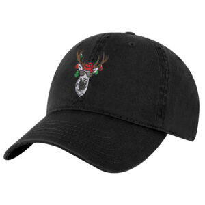 Christmas Reindeer Hat featuring funny embroidered reindeer with sunglasses and Christmas ornaments