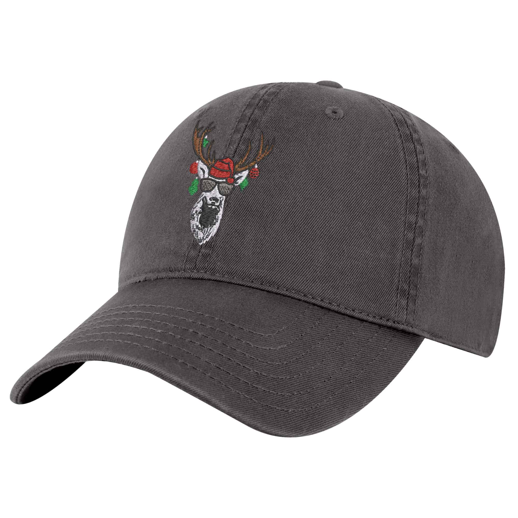 Christmas Reindeer Hat – Funny Baseball Cap for Holiday Cheer 1 Christmas Reindeer Hat featuring funny embroidered reindeer with sunglasses and Christmas ornaments