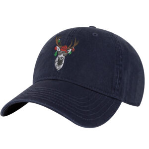 Christmas Reindeer Hat featuring funny embroidered reindeer with sunglasses and Christmas ornaments