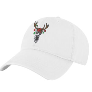 Christmas Reindeer Hat featuring funny embroidered reindeer with sunglasses and Christmas ornaments