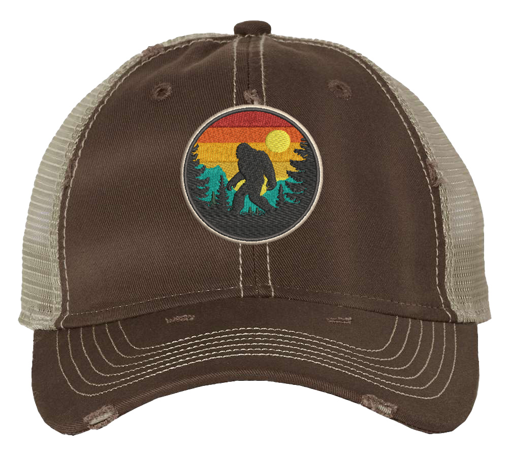 Distressed Bigfoot Trucker Hat – front view with Sasquatch patch