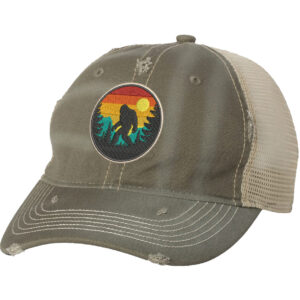 Distressed Bigfoot trucker hat with embroidered Sasquatch patch and mesh back panel for outdoor adventures