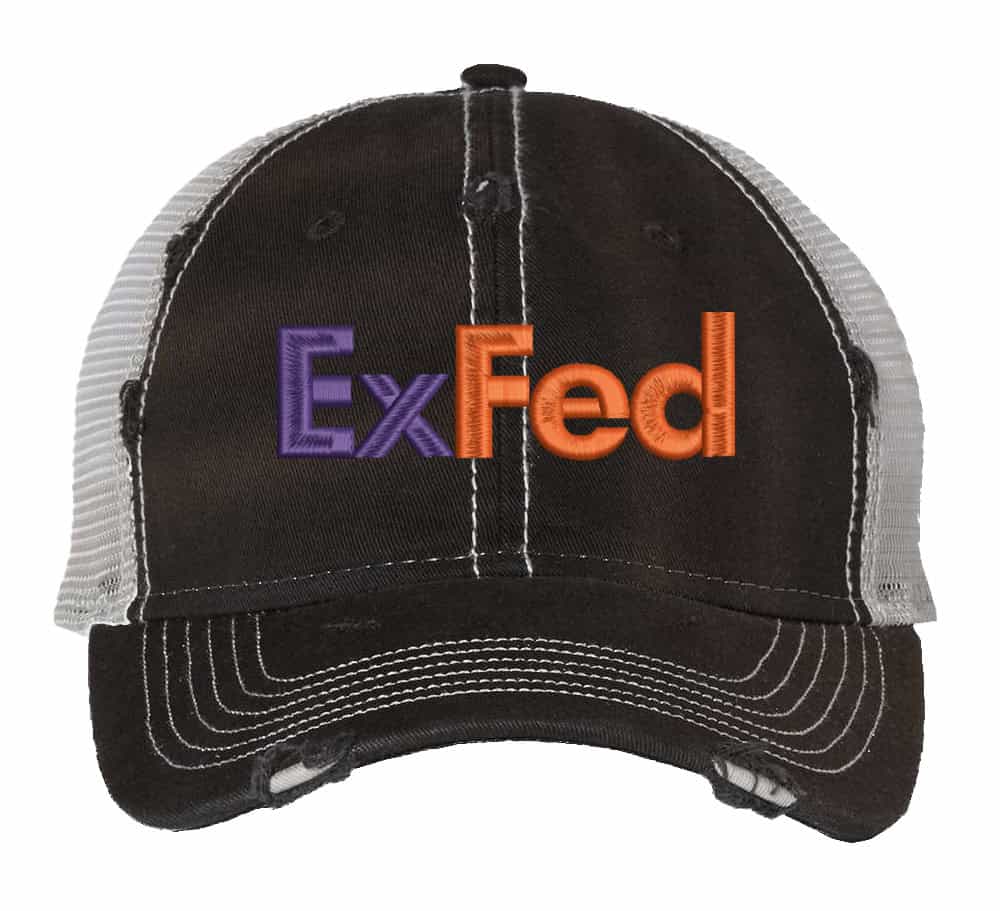 Distressed ExFed Trucker Hat - FedEx Parody Mesh Snapback Cap for Delivery Pros And Postal Workers 3 Distressed ExFed parody trucker hat with mesh back and embroidered design for delivery drivers