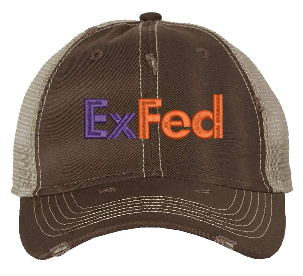 Distressed ExFed Trucker Hat - FedEx Parody Mesh Snapback Cap for Delivery Pros And Postal Workers 4 Distressed ExFed parody trucker hat with mesh back and embroidered design for delivery drivers