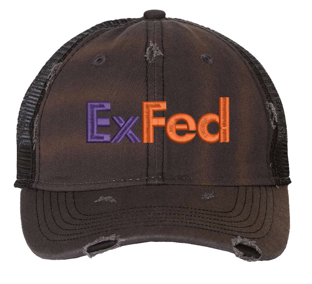 Distressed ExFed Trucker Hat - FedEx Parody Mesh Snapback Cap for Delivery Pros And Postal Workers 5 Distressed ExFed parody trucker hat with mesh back and embroidered design for delivery drivers
