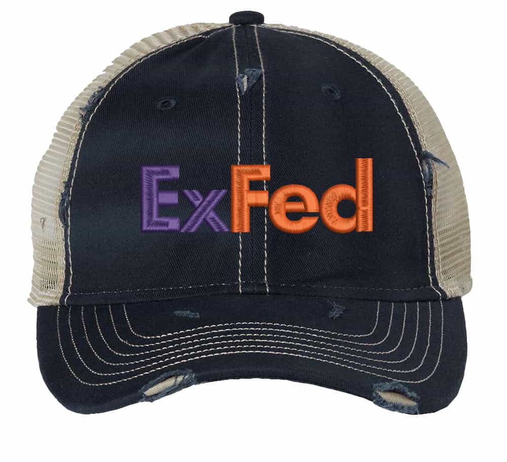 Distressed ExFed Trucker Hat - FedEx Parody Mesh Snapback Cap for Delivery Pros And Postal Workers 6 Distressed ExFed parody trucker hat with mesh back and embroidered design for delivery drivers
