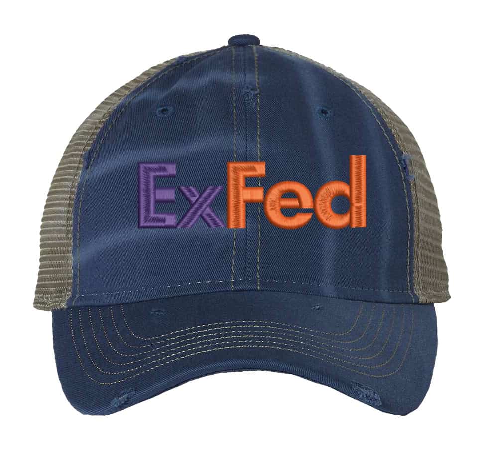 Distressed ExFed Trucker Hat - FedEx Parody Mesh Snapback Cap for Delivery Pros And Postal Workers 2 Distressed ExFed parody trucker hat with mesh back and embroidered design for delivery drivers