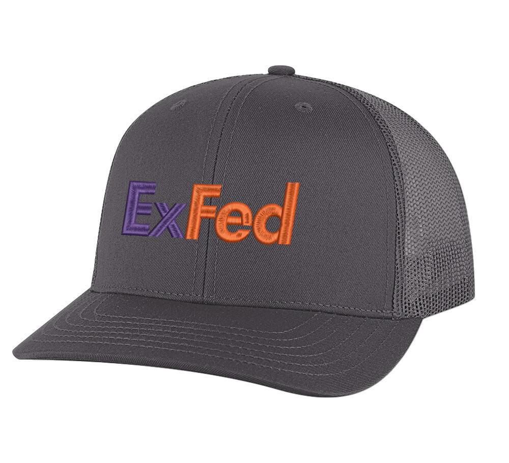 ExFed Trucker Hat – Funny FedEx Parody Mesh Cap for Delivery Drivers 3 ExFed parody trucker hat - FedEx-inspired embroidered mesh snapback cap for delivery drivers