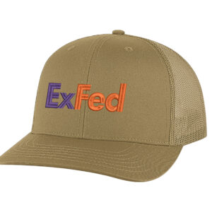 ExFed parody trucker hat - FedEx-inspired embroidered mesh snapback cap for delivery drivers