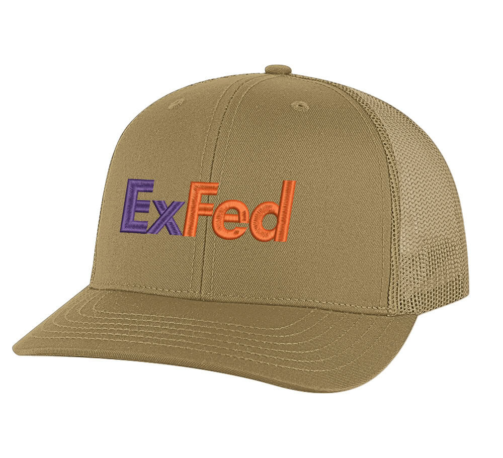 ExFed Trucker Hat – Funny FedEx Parody Mesh Cap for Delivery Drivers 6 ExFed parody trucker hat - FedEx-inspired embroidered mesh snapback cap for delivery drivers