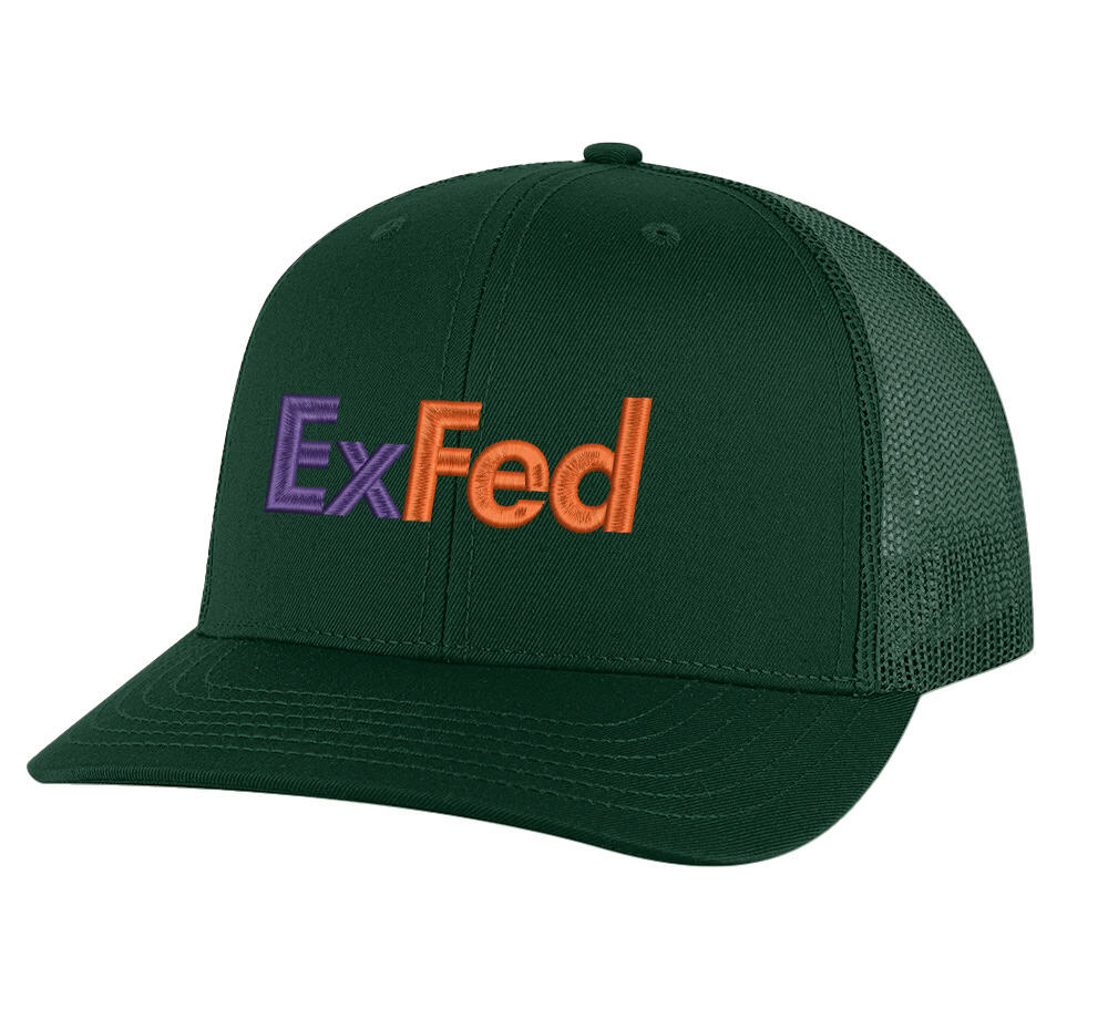 ExFed Trucker Hat – Funny FedEx Parody Mesh Cap for Delivery Drivers 5 ExFed parody trucker hat - FedEx-inspired embroidered mesh snapback cap for delivery drivers