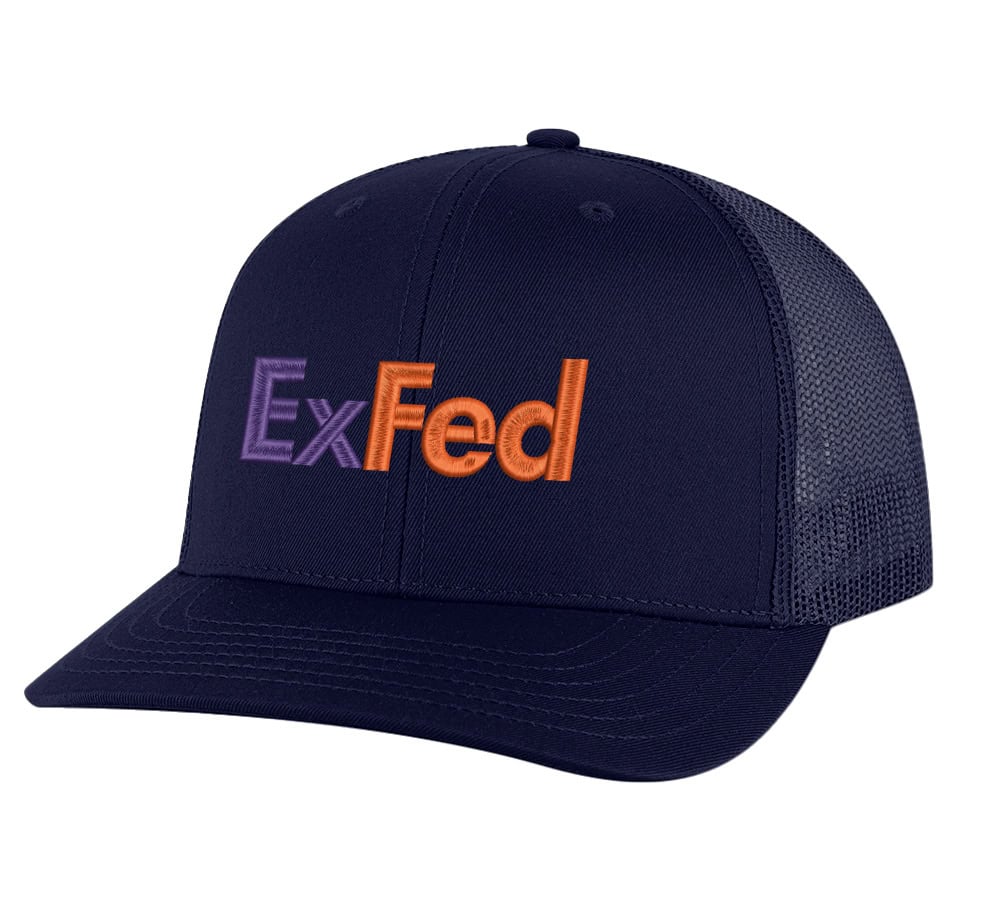 ExFed Trucker Hat – Funny FedEx Parody Mesh Cap for Delivery Drivers 4 ExFed parody trucker hat - FedEx-inspired embroidered mesh snapback cap for delivery drivers