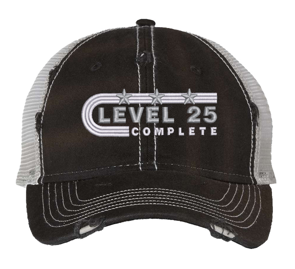 Distressed Level 25 Complete trucker hat with mesh back - silver anniversary cap for 25 years married