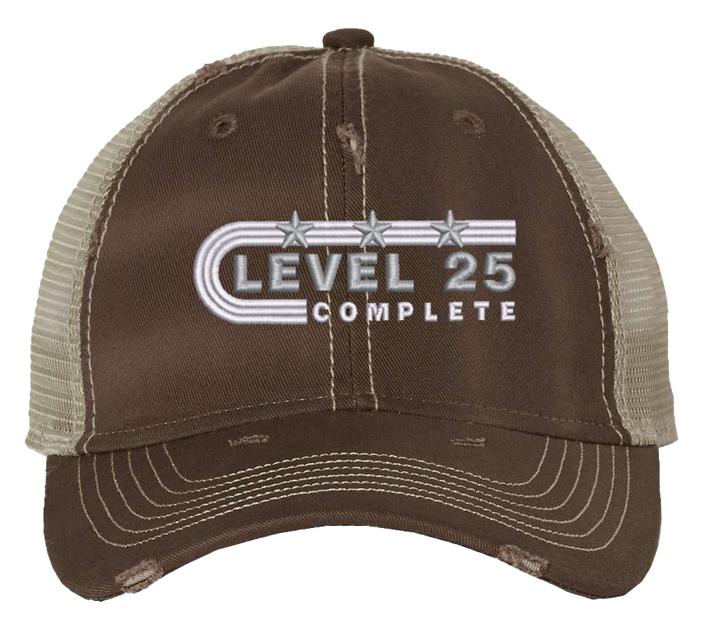 Distressed Level 25 Complete trucker hat with mesh back - silver anniversary cap for 25 years married