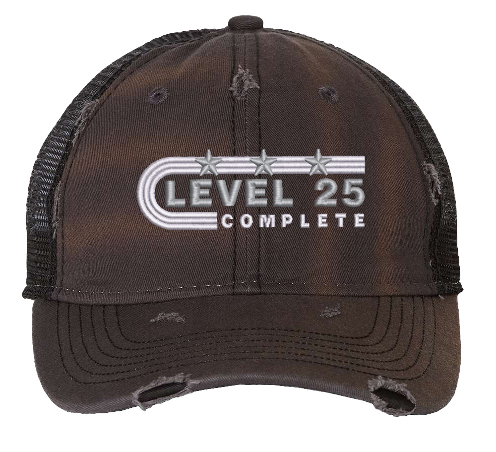 Distressed Level 25 Complete trucker hat with mesh back - silver anniversary cap for 25 years married