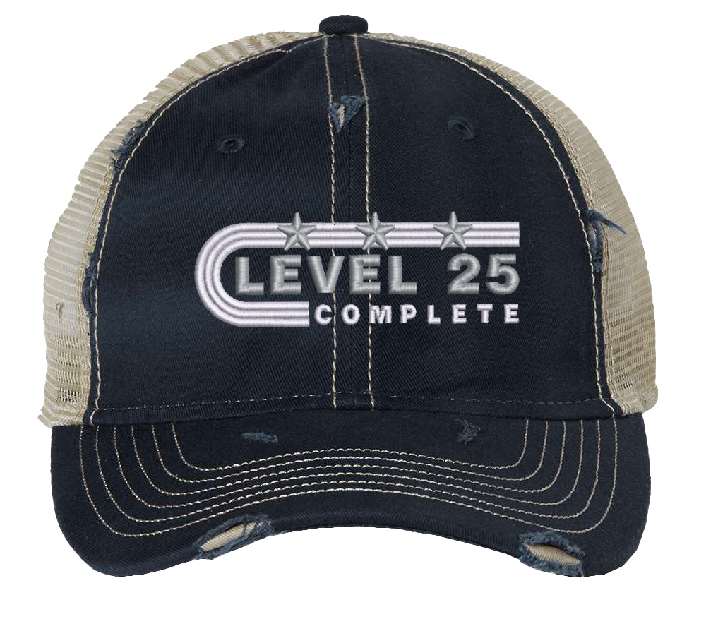 25th Anniversary Trucker Hat - Silver Anniversary Mesh Cap with "Level 25 Complete" Embroidery