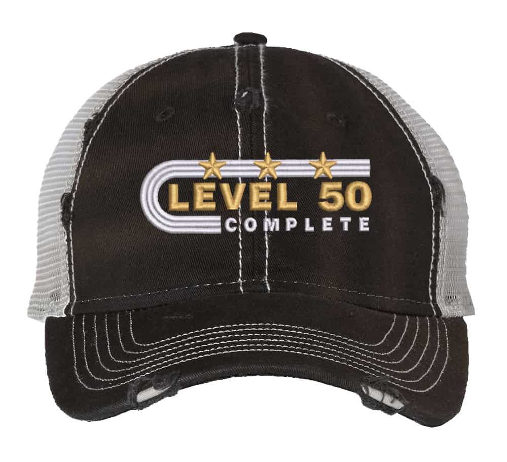 Distressed Level 50 Complete trucker hat with mesh back - gold anniversary cap for 50th wedding gift