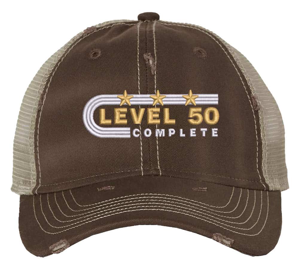 Distressed Level 50 Complete trucker hat with mesh back - gold anniversary cap for 50th wedding gift