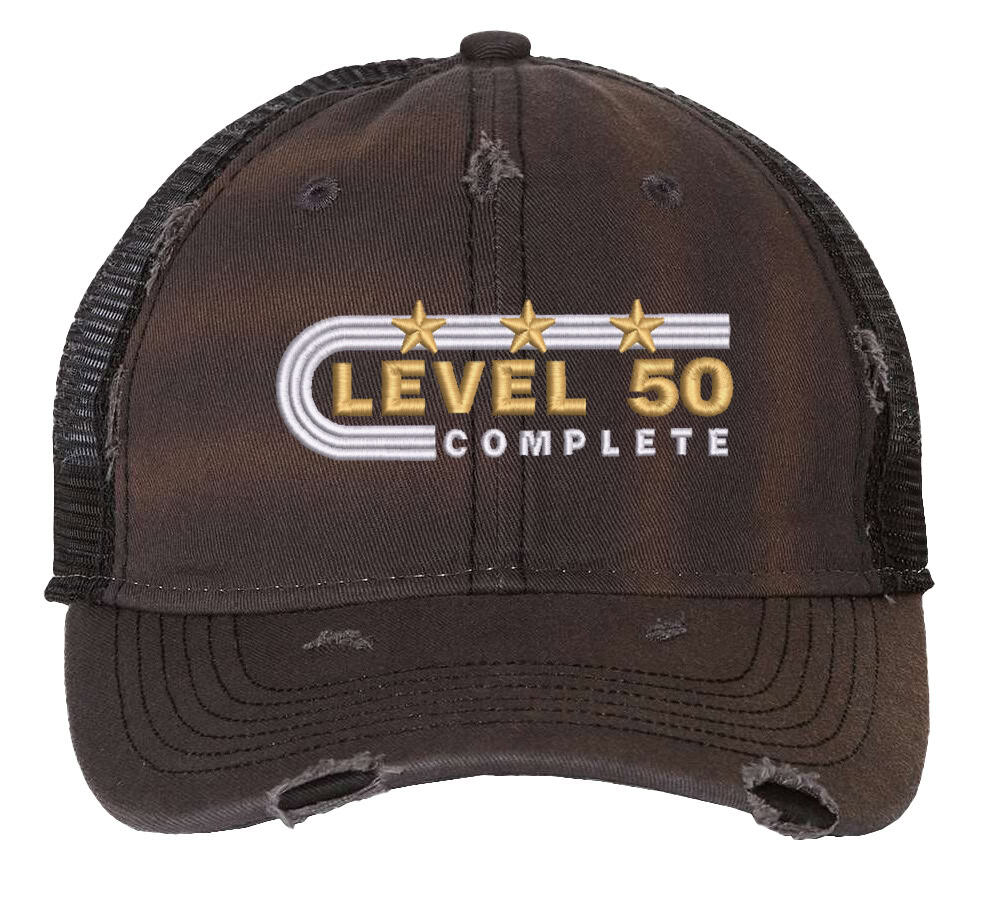 Distressed Level 50 Complete trucker hat with mesh back - gold anniversary cap for 50th wedding gift